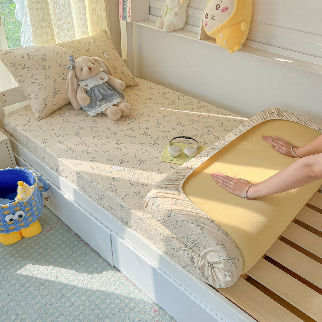 91家纺网 家纺一手货源 找家纺 （总）韩巢家纺 2025新款双层纱学生宿舍寝室床笠单件单床笠上下铺防滑床单床垫套