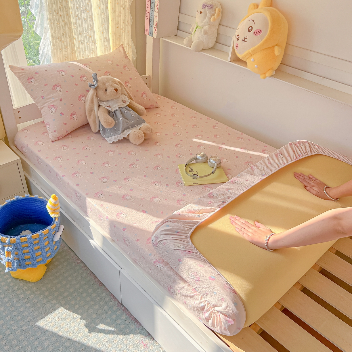 91家纺网 家纺一手货源 找家纺 （总）韩巢家纺 2025新款双层纱学生宿舍寝室床笠单件单床笠上下铺防滑床单床垫套