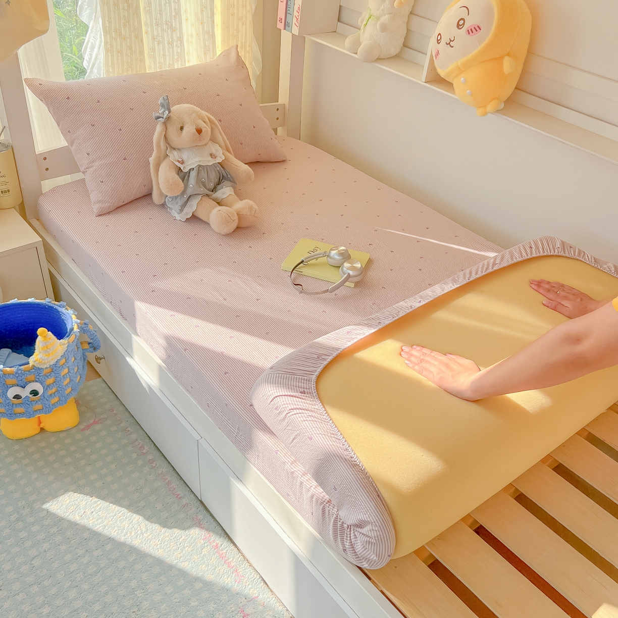 91家纺网 家纺一手货源 找家纺 （总）韩巢家纺 2025新款双层纱学生宿舍寝室床笠单件单床笠上下铺防滑床单床垫套