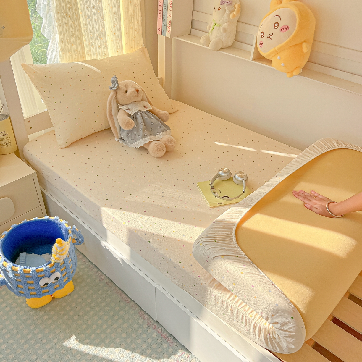 91家纺网 家纺一手货源 找家纺 韩巢家纺 2025新款双层纱学生宿舍寝室床笠单件单床笠上下铺防滑床单床垫套 波点世界