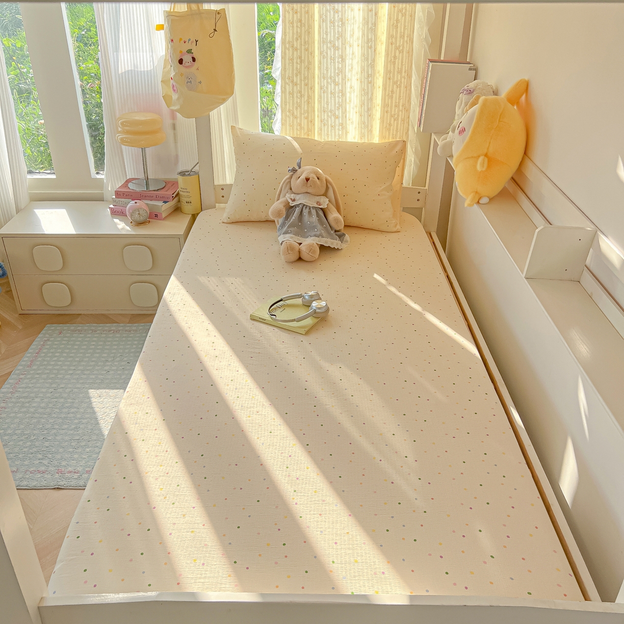 91家纺网 家纺一手货源 找家纺 韩巢家纺 2025新款双层纱学生宿舍寝室床笠单件单床笠上下铺防滑床单床垫套 波点世界