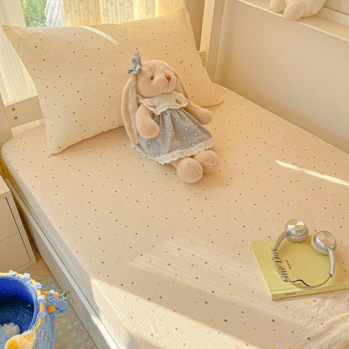 91家纺网 家纺一手货源 找家纺 韩巢家纺 2025新款双层纱学生宿舍寝室床笠单件单床笠上下铺防滑床单床垫套 波点世界