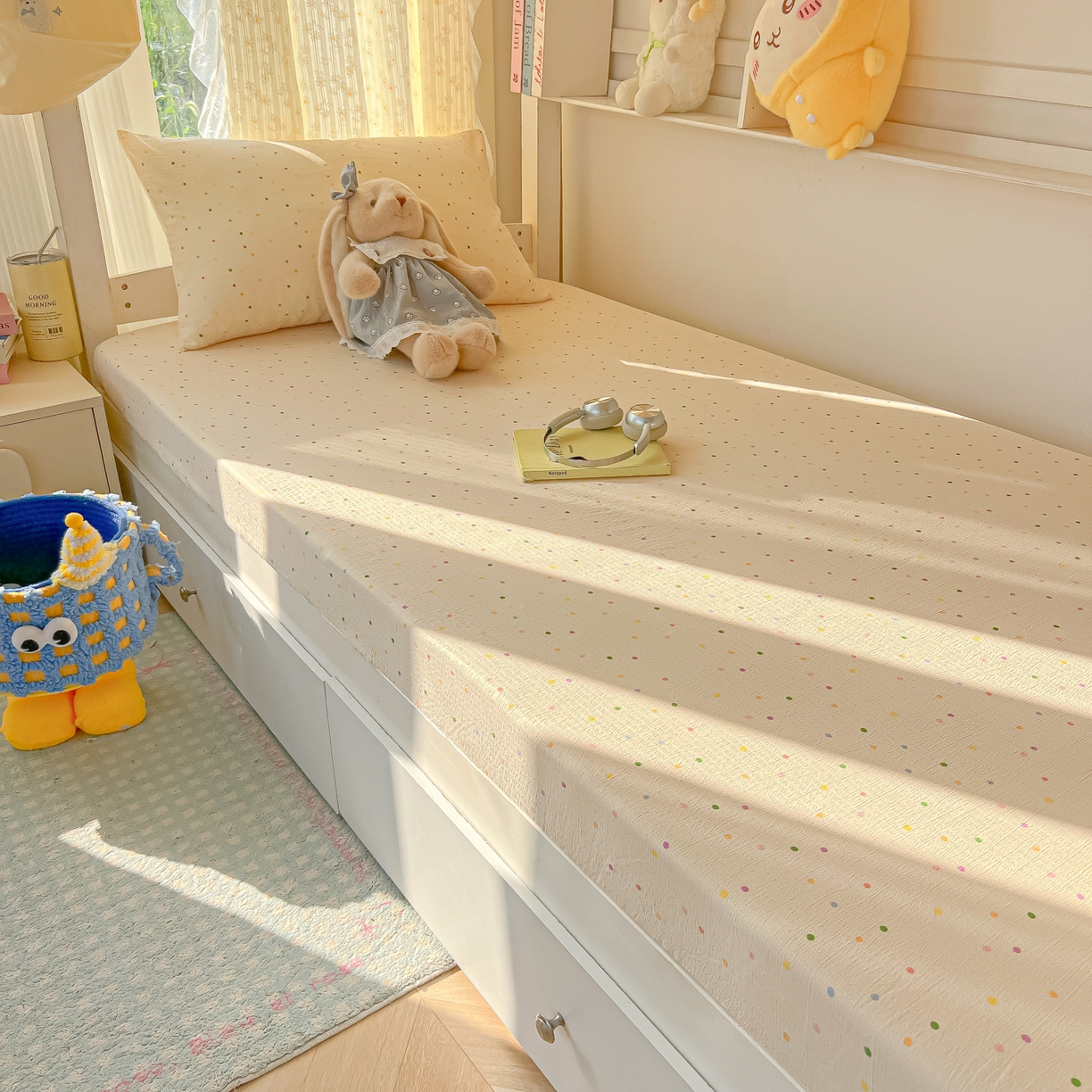 91家纺网 家纺一手货源 找家纺 韩巢家纺 2025新款双层纱学生宿舍寝室床笠单件单床笠上下铺防滑床单床垫套 波点世界