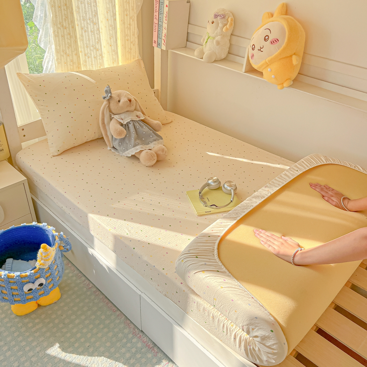 91家纺网 家纺一手货源 找家纺 韩巢家纺 2025新款双层纱学生宿舍寝室床笠单件单床笠上下铺防滑床单床垫套 波点世界