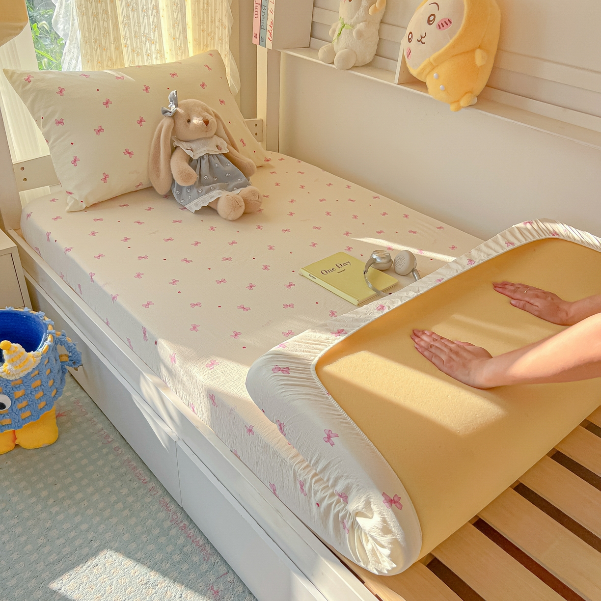 韩巢家纺 2025新款双层纱学生宿舍寝室床笠单件单床笠上下铺防滑床单床垫套 粉相思