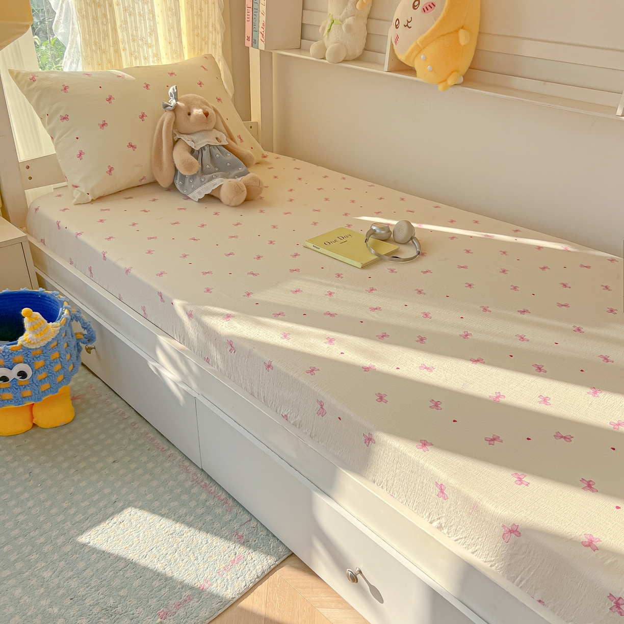 91家纺网 家纺一手货源 找家纺 韩巢家纺 2025新款双层纱学生宿舍寝室床笠单件单床笠上下铺防滑床单床垫套 粉相思