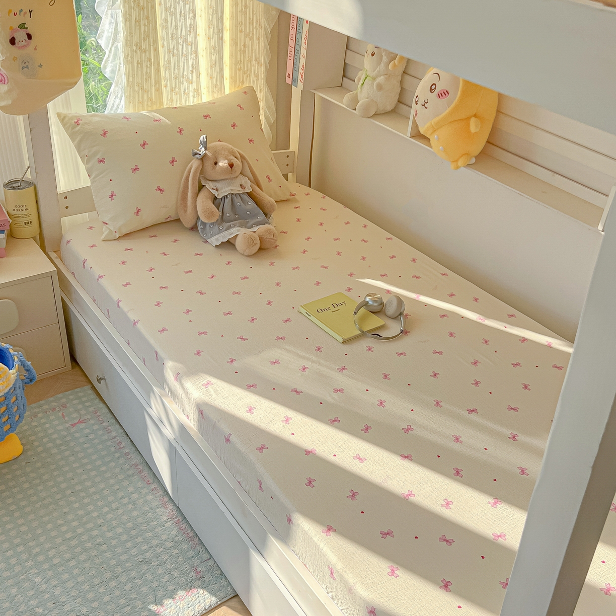 91家纺网 家纺一手货源 找家纺 韩巢家纺 2025新款双层纱学生宿舍寝室床笠单件单床笠上下铺防滑床单床垫套 粉相思