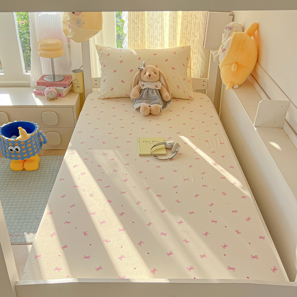 91家纺网 家纺一手货源 找家纺 韩巢家纺 2025新款双层纱学生宿舍寝室床笠单件单床笠上下铺防滑床单床垫套 粉相思