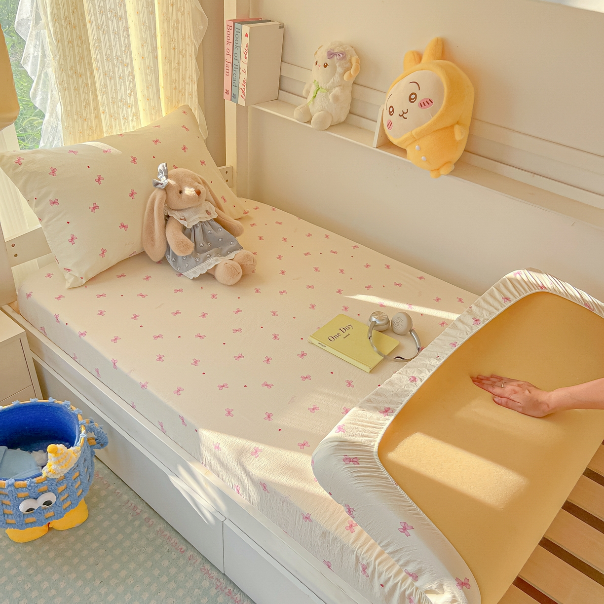 91家纺网 家纺一手货源 找家纺 韩巢家纺 2025新款双层纱学生宿舍寝室床笠单件单床笠上下铺防滑床单床垫套 粉相思