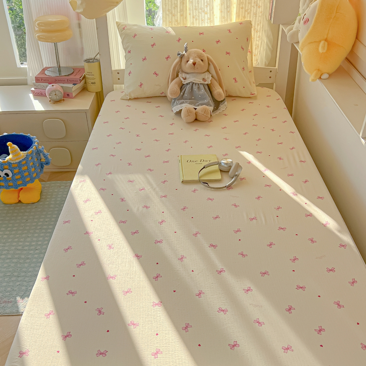 91家纺网 家纺一手货源 找家纺 韩巢家纺 2025新款双层纱学生宿舍寝室床笠单件单床笠上下铺防滑床单床垫套 粉相思