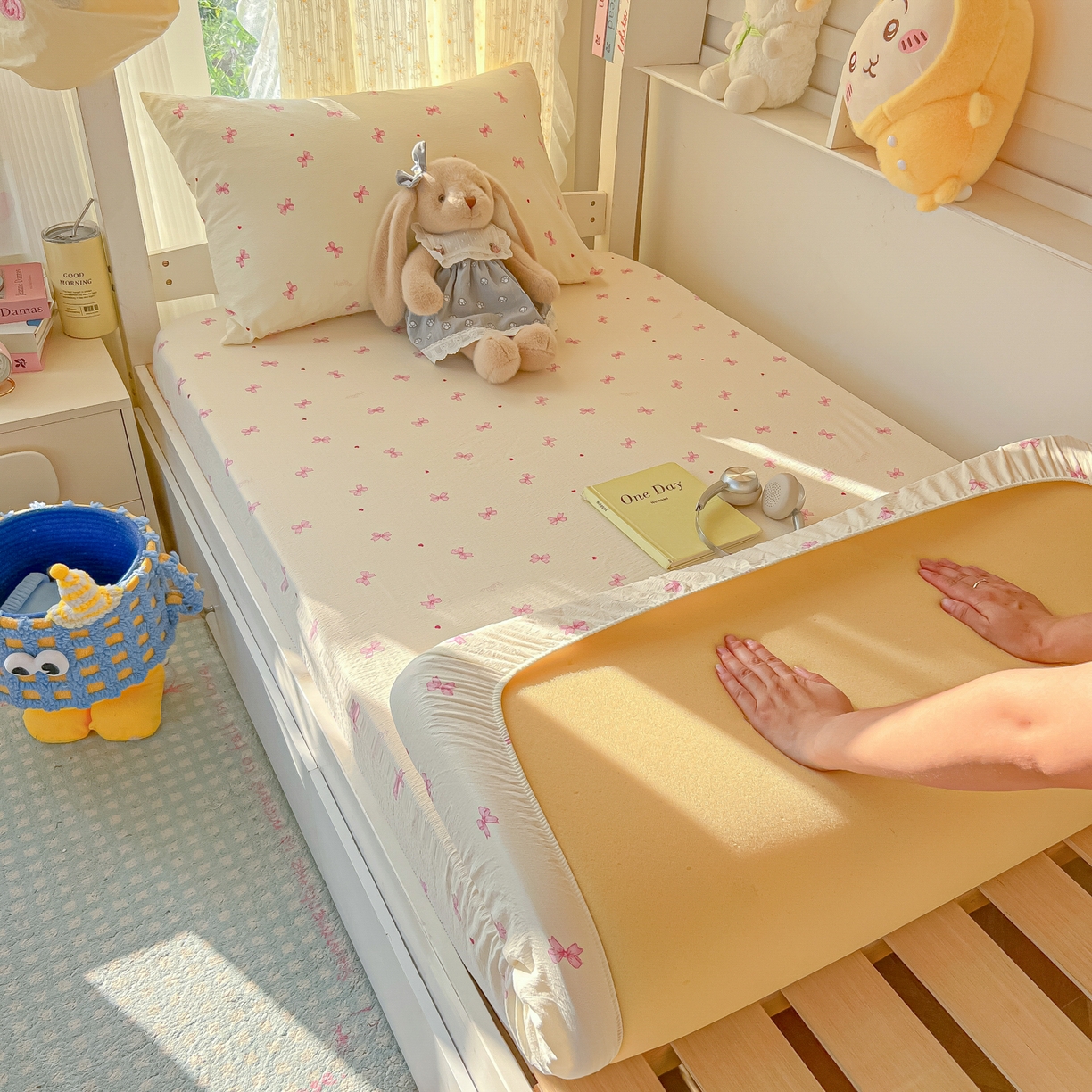 91家纺网 家纺一手货源 找家纺 韩巢家纺 2025新款双层纱学生宿舍寝室床笠单件单床笠上下铺防滑床单床垫套 粉相思