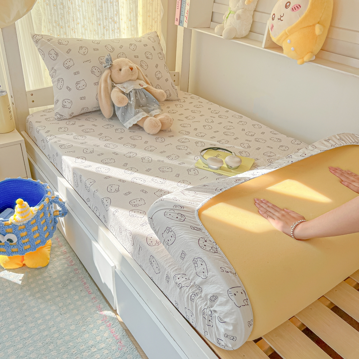 韩巢家纺 2025新款双层纱学生宿舍寝室床笠单件单床笠上下铺防滑床单床垫套 猫咪恋人