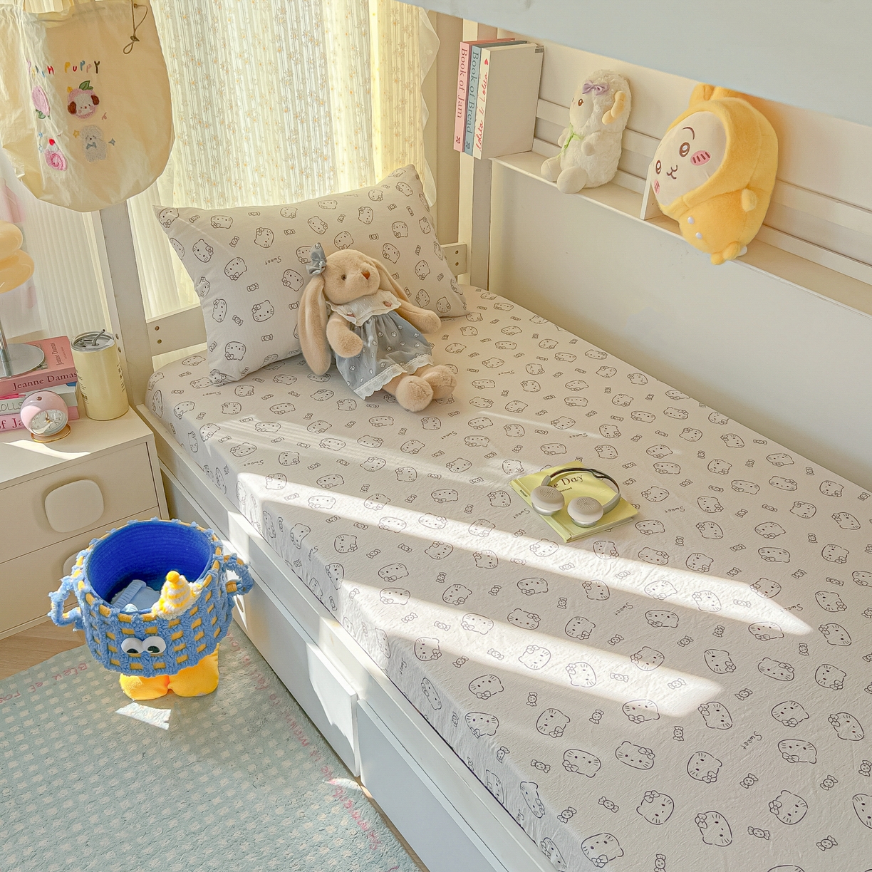 91家纺网 家纺一手货源 找家纺 韩巢家纺 2025新款双层纱学生宿舍寝室床笠单件单床笠上下铺防滑床单床垫套 猫咪恋人