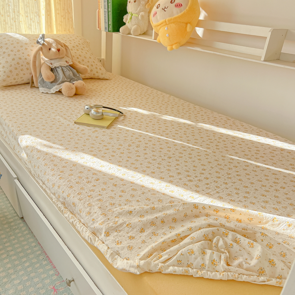 91家纺网 家纺一手货源 找家纺 韩巢家纺 2025新款双层纱学生宿舍寝室床笠单件单床笠上下铺防滑床单床垫套 橘子海