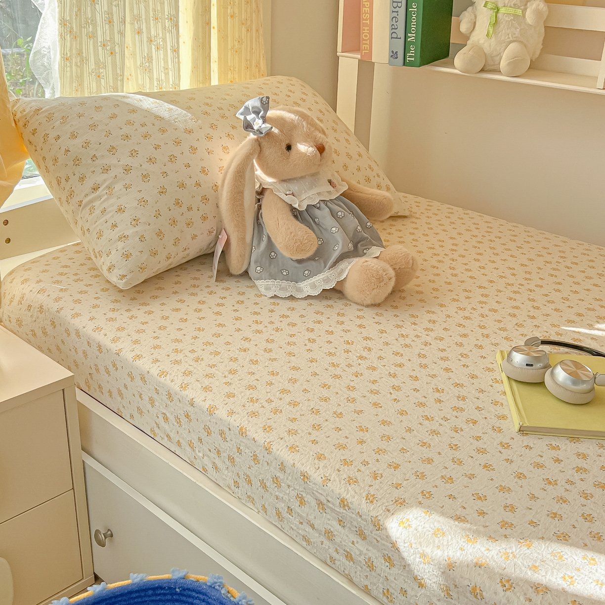 91家纺网 家纺一手货源 找家纺 韩巢家纺 2025新款双层纱学生宿舍寝室床笠单件单床笠上下铺防滑床单床垫套 橘子海