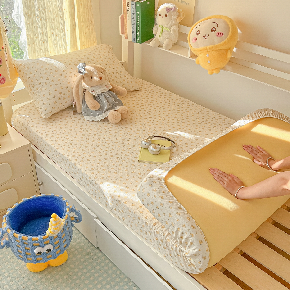 91家纺网 家纺一手货源 找家纺 韩巢家纺 2025新款双层纱学生宿舍寝室床笠单件单床笠上下铺防滑床单床垫套 橘子海