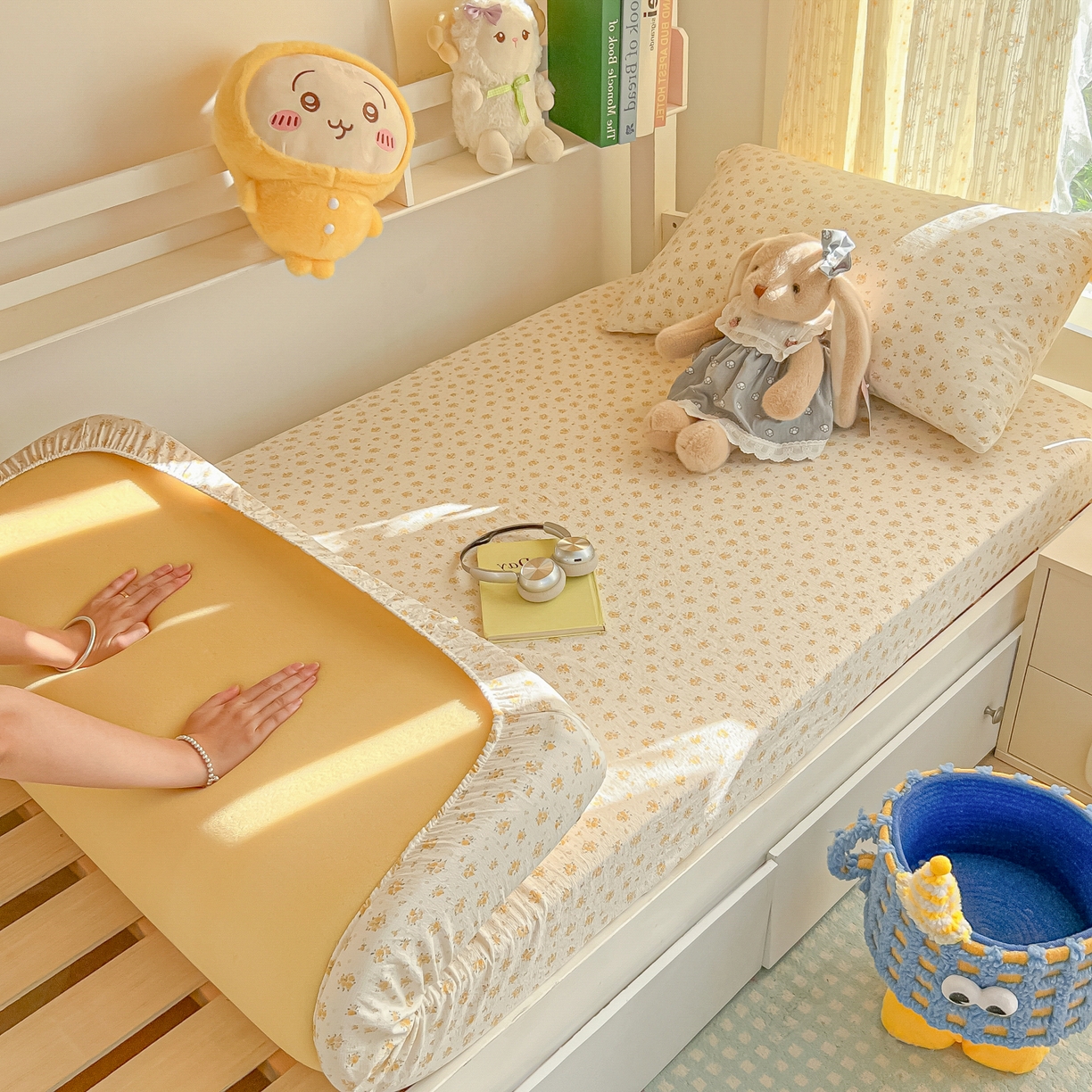 91家纺网 家纺一手货源 找家纺 韩巢家纺 2025新款双层纱学生宿舍寝室床笠单件单床笠上下铺防滑床单床垫套 橘子海