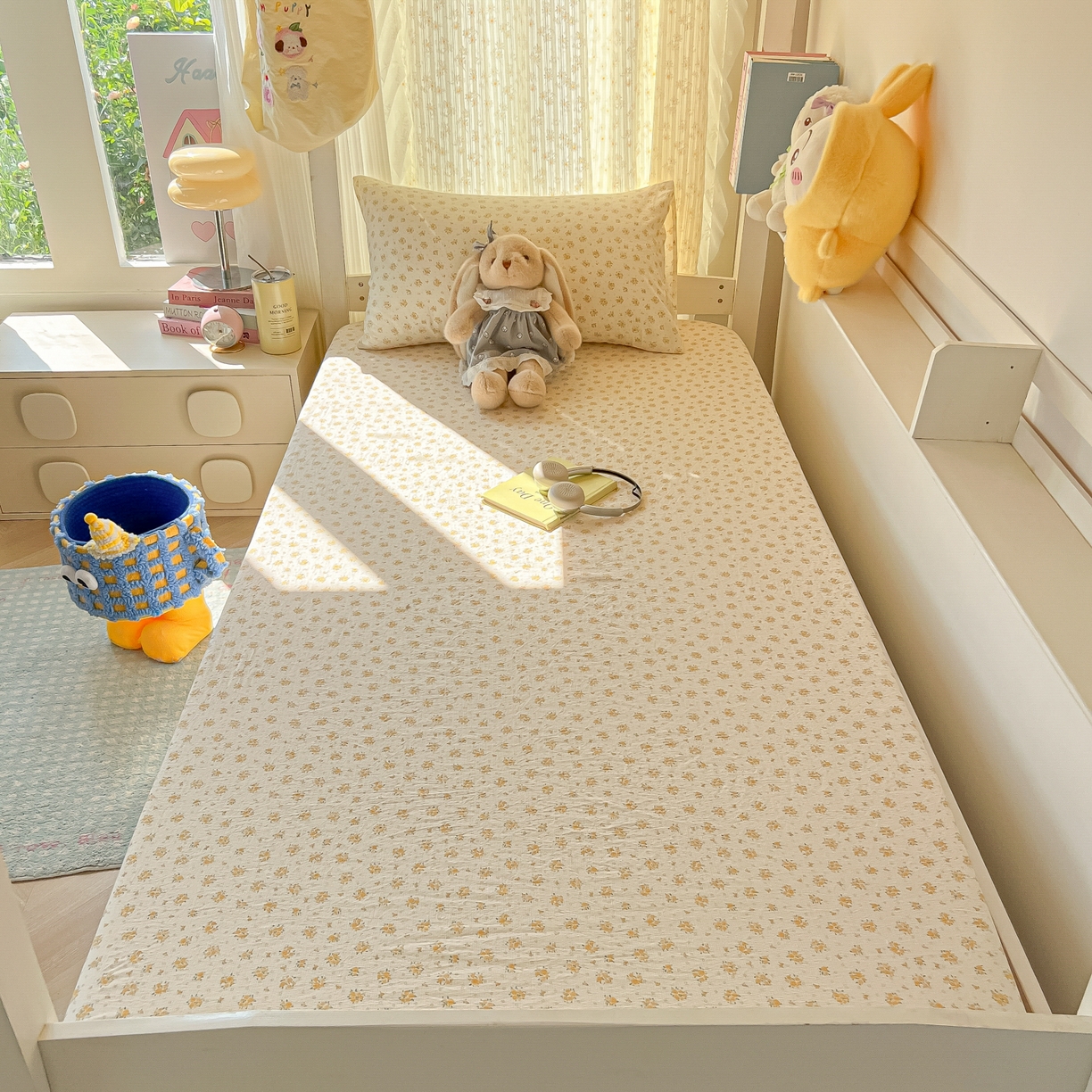 91家纺网 家纺一手货源 找家纺 韩巢家纺 2025新款双层纱学生宿舍寝室床笠单件单床笠上下铺防滑床单床垫套 橘子海