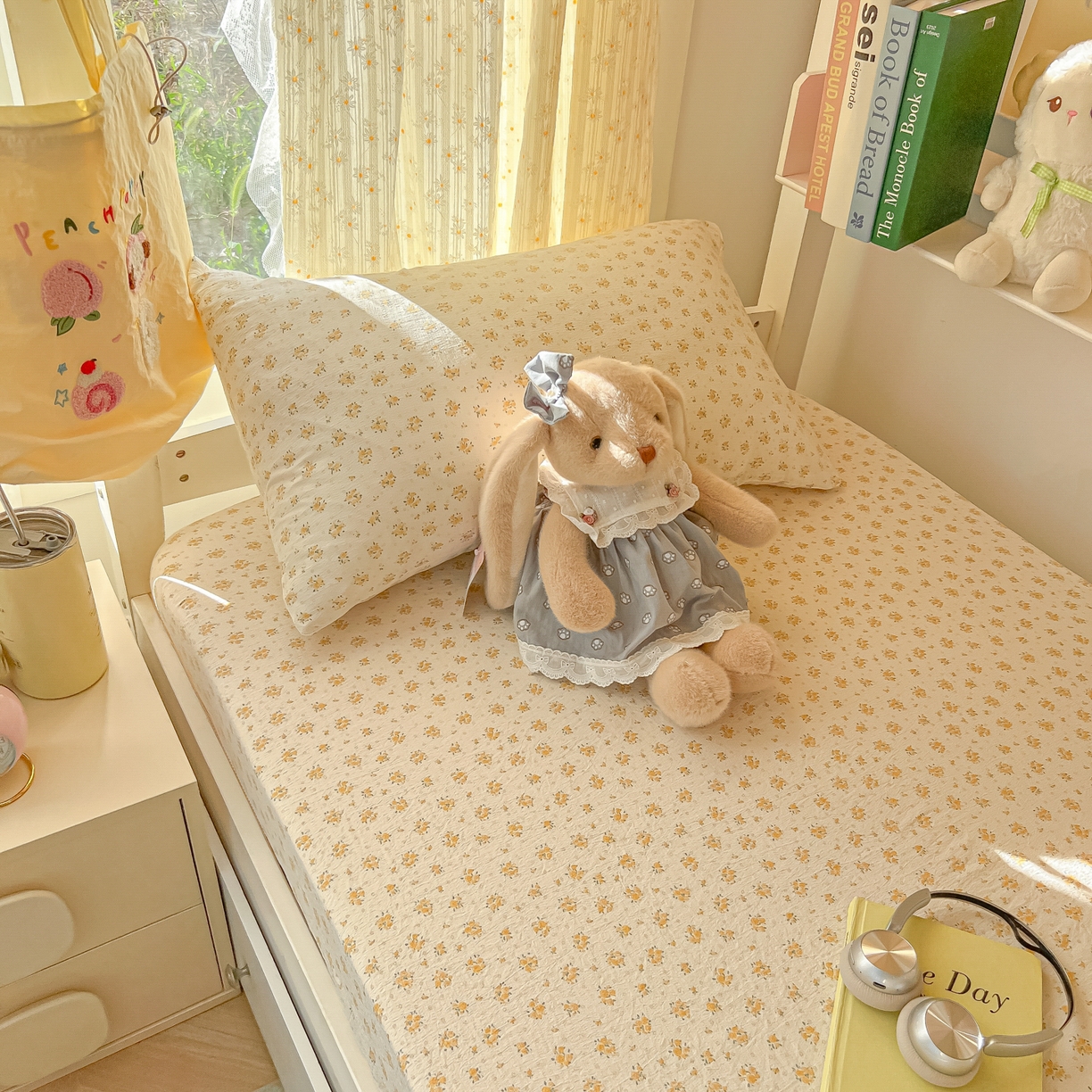 91家纺网 家纺一手货源 找家纺 韩巢家纺 2025新款双层纱学生宿舍寝室床笠单件单床笠上下铺防滑床单床垫套 橘子海