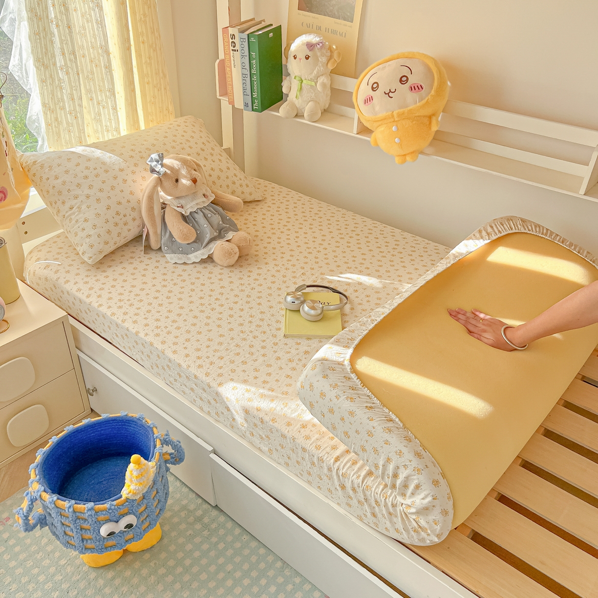 91家纺网 家纺一手货源 找家纺 韩巢家纺 2025新款双层纱学生宿舍寝室床笠单件单床笠上下铺防滑床单床垫套 橘子海