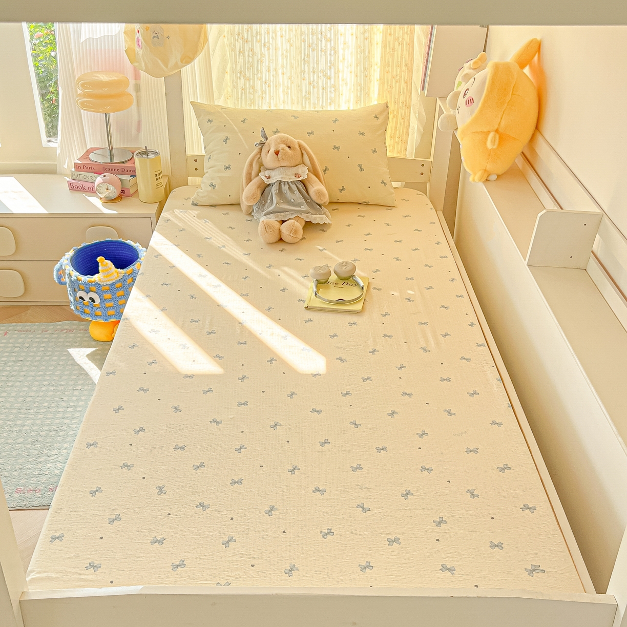 91家纺网 家纺一手货源 找家纺 韩巢家纺 2025新款双层纱学生宿舍寝室床笠单件单床笠上下铺防滑床单床垫套 蓝相思