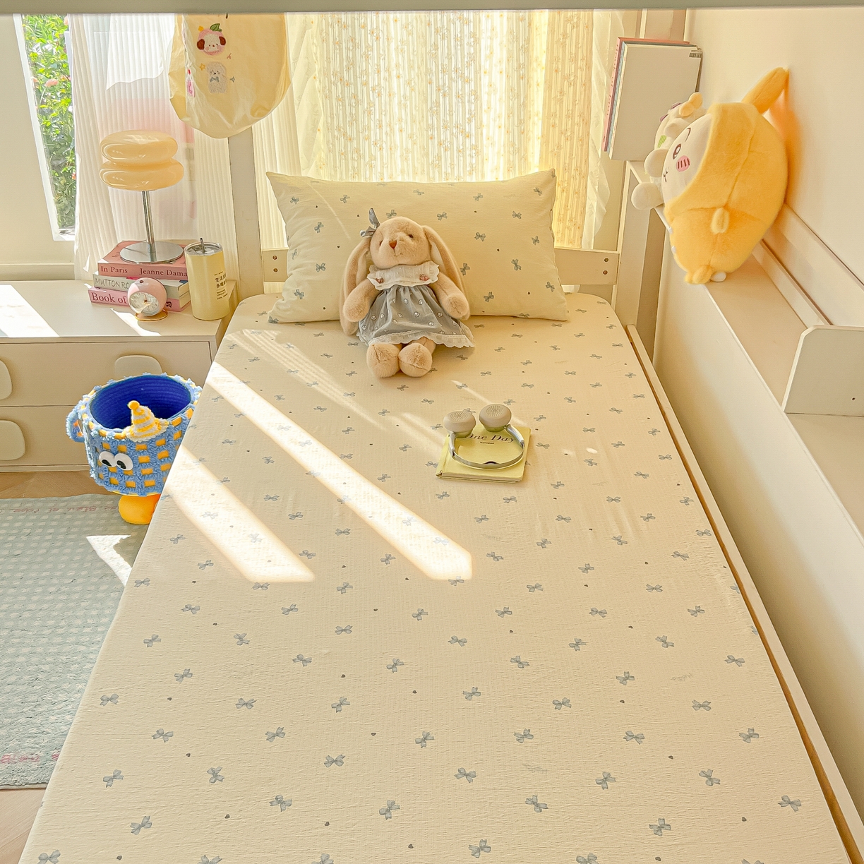 91家纺网 家纺一手货源 找家纺 韩巢家纺 2025新款双层纱学生宿舍寝室床笠单件单床笠上下铺防滑床单床垫套 蓝相思