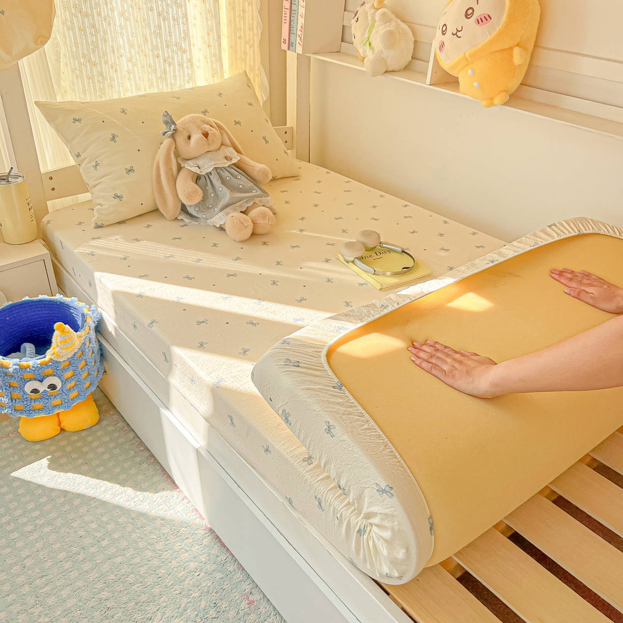 91家纺网 家纺一手货源 找家纺 韩巢家纺 2025新款双层纱学生宿舍寝室床笠单件单床笠上下铺防滑床单床垫套 蓝相思