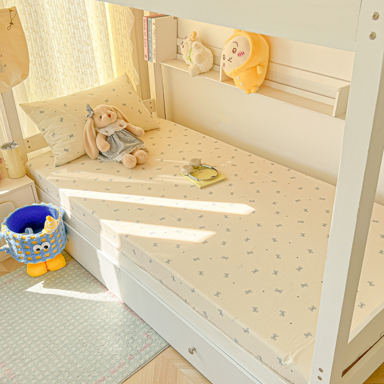 91家纺网 家纺一手货源 找家纺 韩巢家纺 2025新款双层纱学生宿舍寝室床笠单件单床笠上下铺防滑床单床垫套 蓝相思