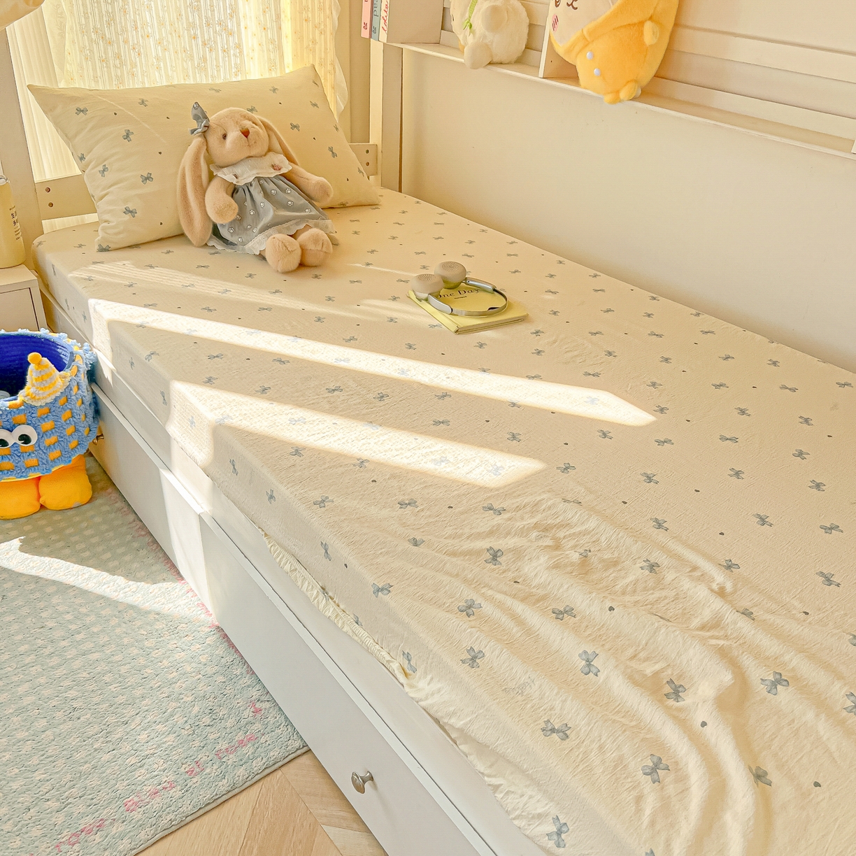 91家纺网 家纺一手货源 找家纺 韩巢家纺 2025新款双层纱学生宿舍寝室床笠单件单床笠上下铺防滑床单床垫套 蓝相思