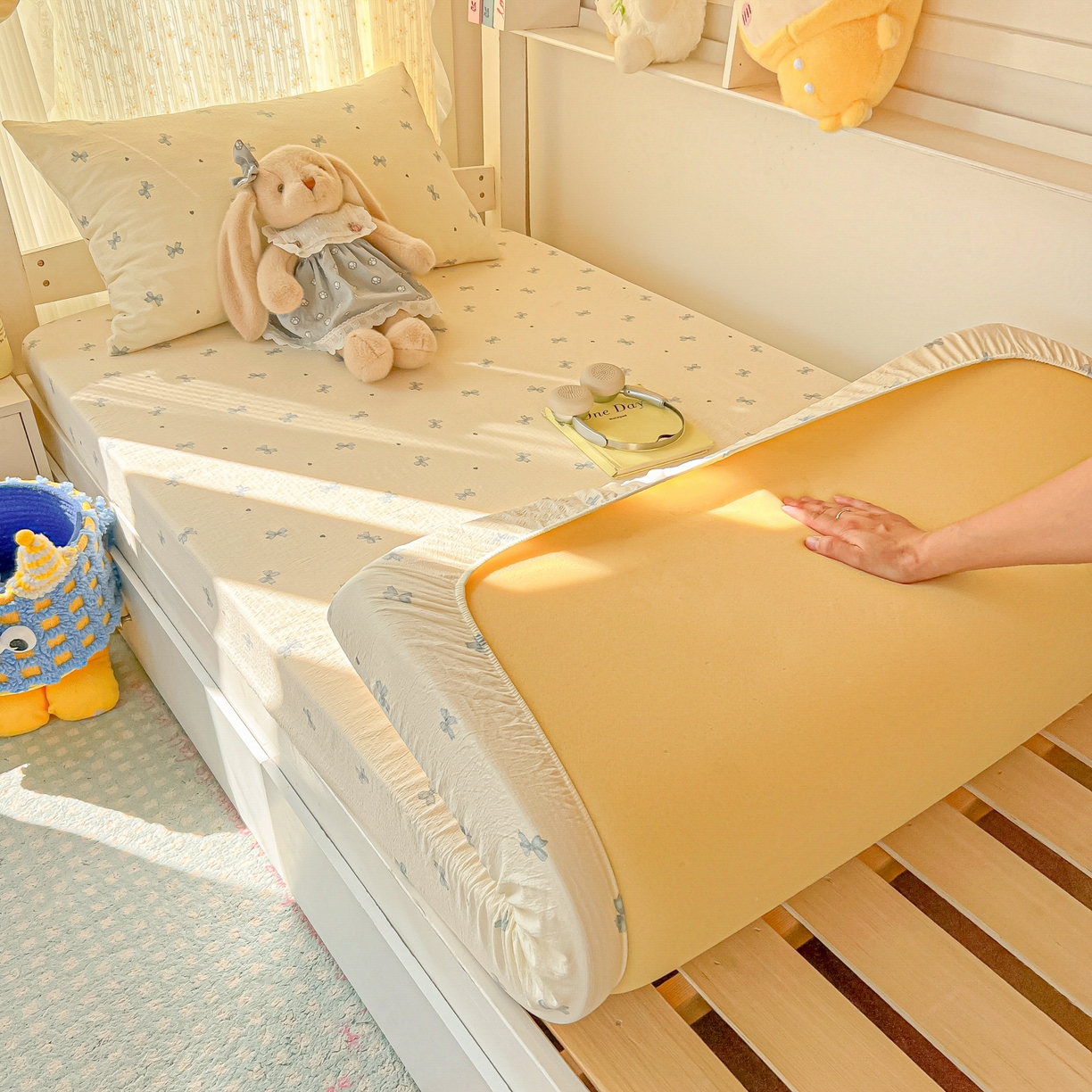 91家纺网 家纺一手货源 找家纺 韩巢家纺 2025新款双层纱学生宿舍寝室床笠单件单床笠上下铺防滑床单床垫套 蓝相思