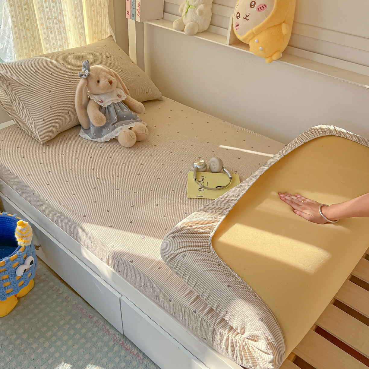 91家纺网 家纺一手货源 找家纺 韩巢家纺 2025新款双层纱学生宿舍寝室床笠单件单床笠上下铺防滑床单床垫套 米倾心