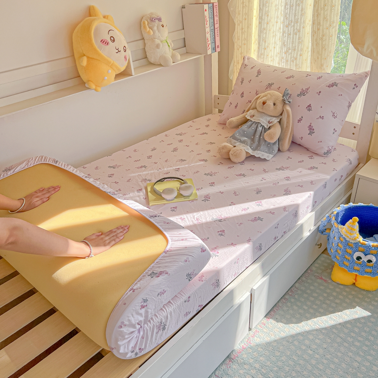 91家纺网 家纺一手货源 找家纺 韩巢家纺 2025新款双层纱学生宿舍寝室床笠单件单床笠上下铺防滑床单床垫套 葡萄七分甜