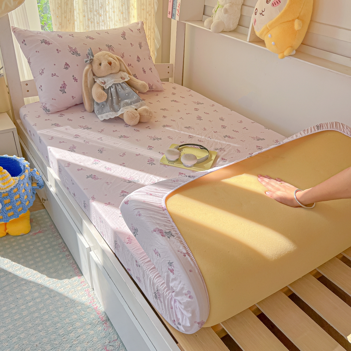 91家纺网 家纺一手货源 找家纺 韩巢家纺 2025新款双层纱学生宿舍寝室床笠单件单床笠上下铺防滑床单床垫套 葡萄七分甜