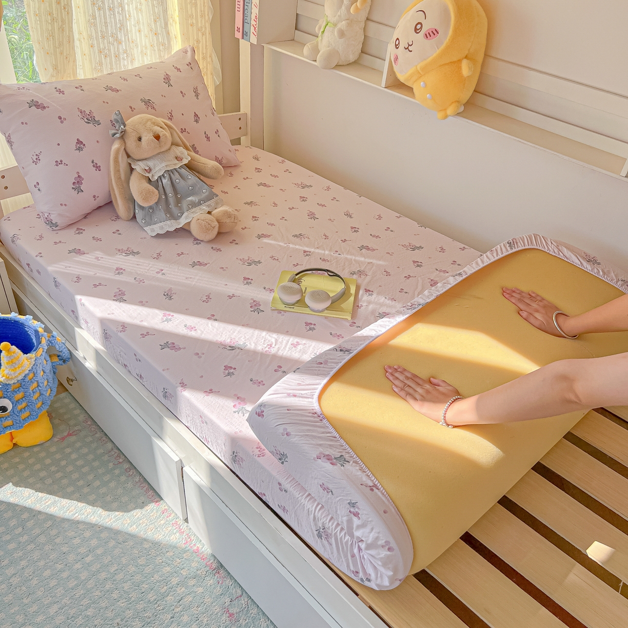 91家纺网 家纺一手货源 找家纺 韩巢家纺 2025新款双层纱学生宿舍寝室床笠单件单床笠上下铺防滑床单床垫套 葡萄七分甜