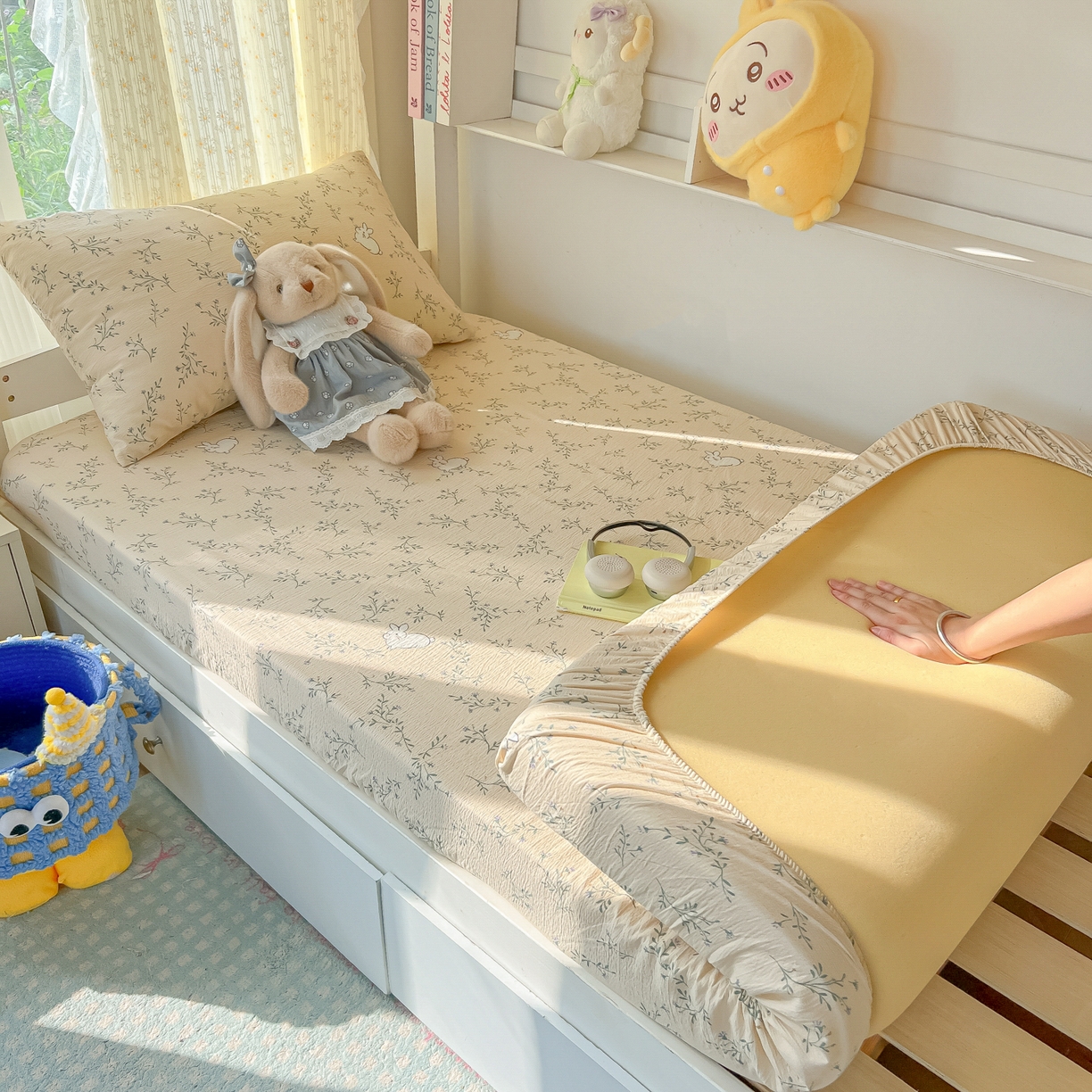 91家纺网 家纺一手货源 找家纺 韩巢家纺 2025新款双层纱学生宿舍寝室床笠单件单床笠上下铺防滑床单床垫套 森田野园