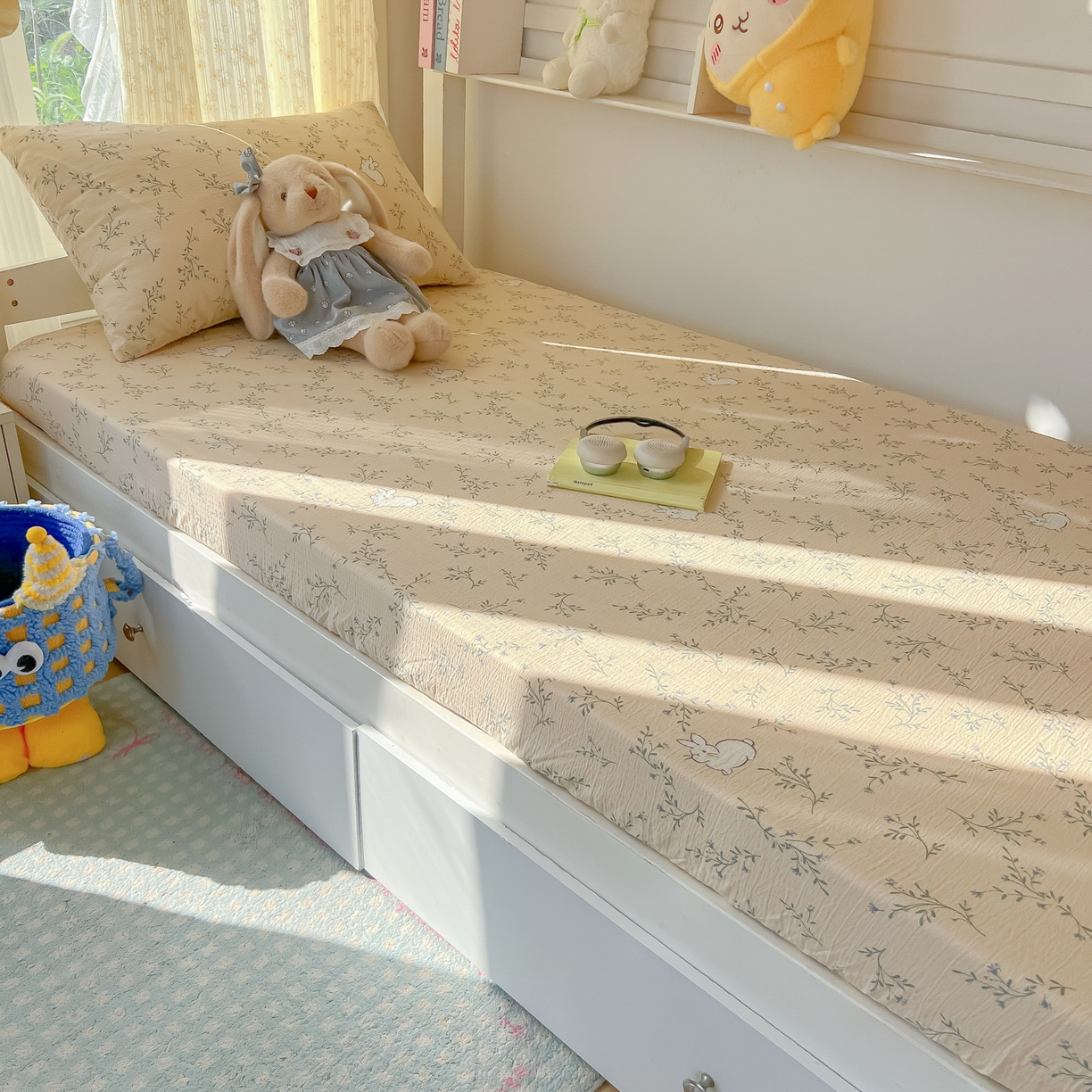 91家纺网 家纺一手货源 找家纺 韩巢家纺 2025新款双层纱学生宿舍寝室床笠单件单床笠上下铺防滑床单床垫套 森田野园