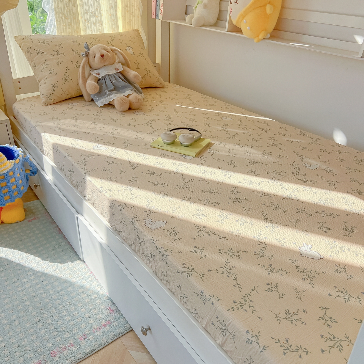 91家纺网 家纺一手货源 找家纺 韩巢家纺 2025新款双层纱学生宿舍寝室床笠单件单床笠上下铺防滑床单床垫套 森田野园