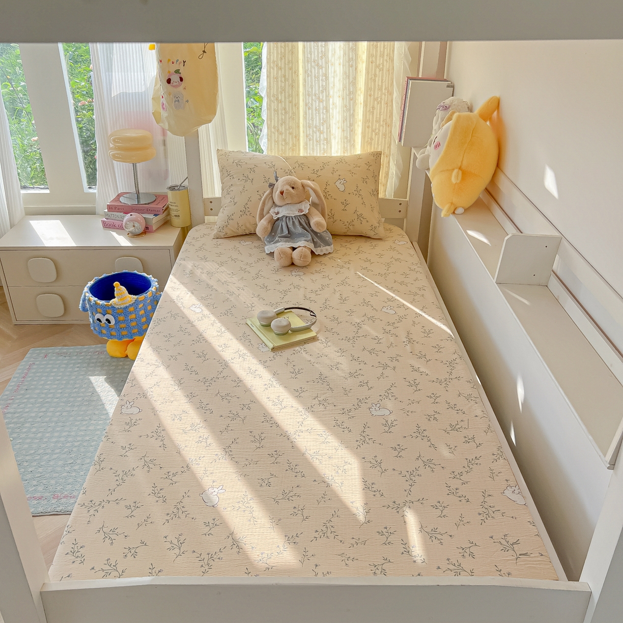 91家纺网 家纺一手货源 找家纺 韩巢家纺 2025新款双层纱学生宿舍寝室床笠单件单床笠上下铺防滑床单床垫套 森田野园