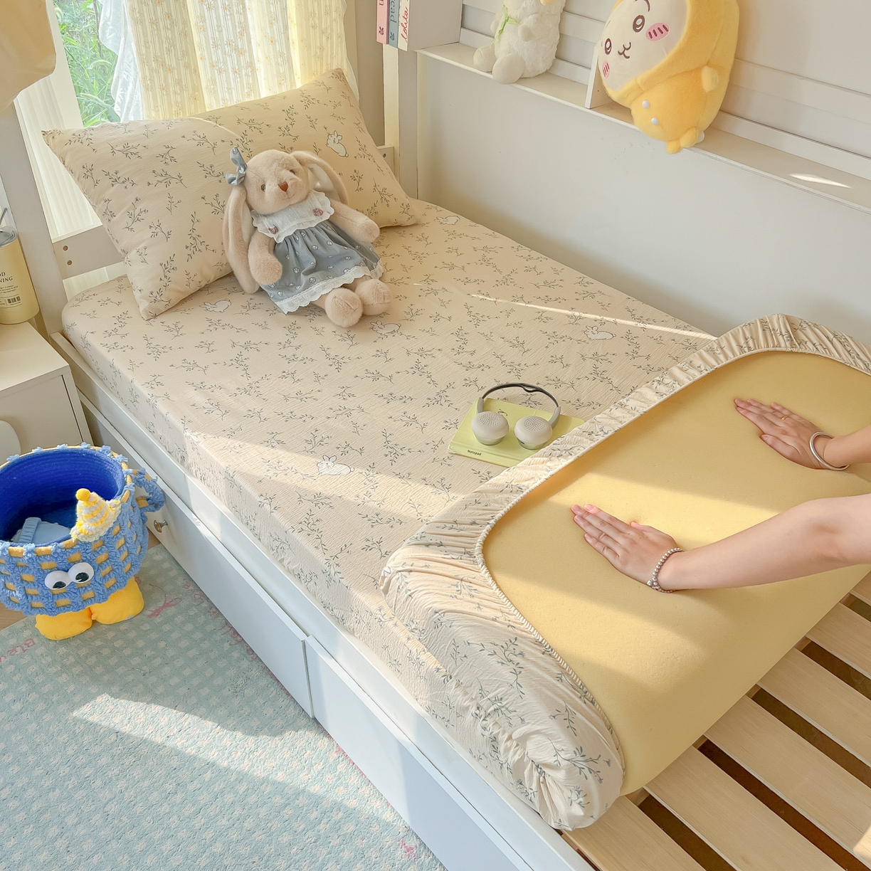 91家纺网 家纺一手货源 找家纺 韩巢家纺 2025新款双层纱学生宿舍寝室床笠单件单床笠上下铺防滑床单床垫套 森田野园