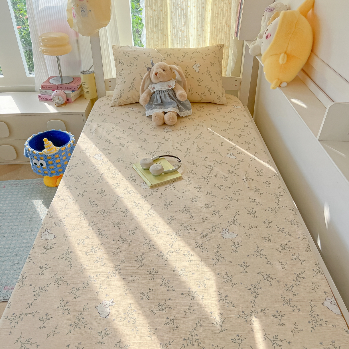 91家纺网 家纺一手货源 找家纺 韩巢家纺 2025新款双层纱学生宿舍寝室床笠单件单床笠上下铺防滑床单床垫套 森田野园