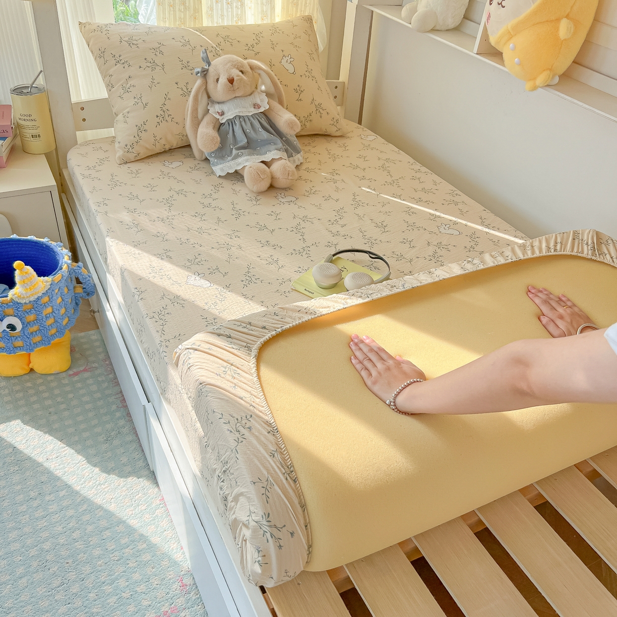 91家纺网 家纺一手货源 找家纺 韩巢家纺 2025新款双层纱学生宿舍寝室床笠单件单床笠上下铺防滑床单床垫套 森田野园