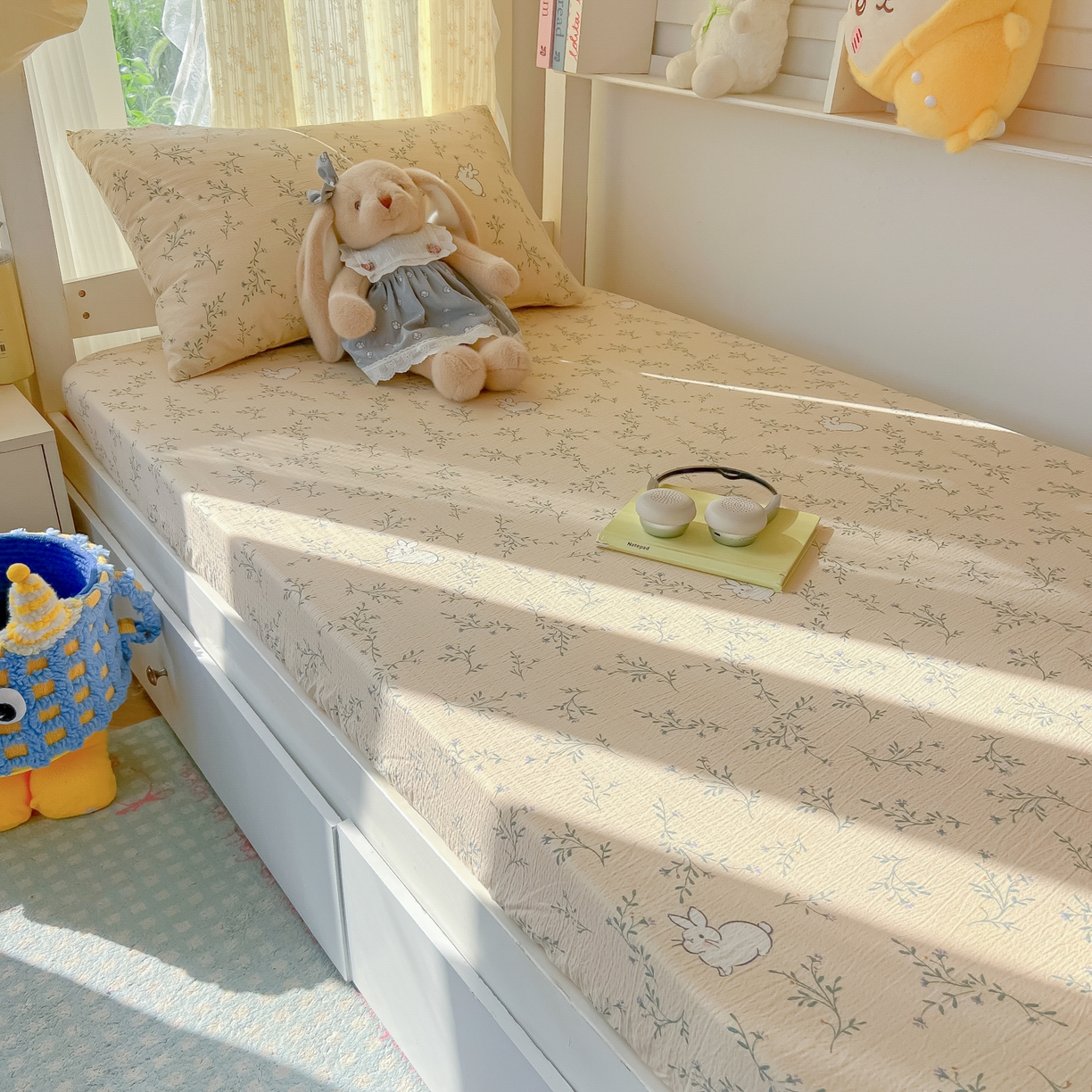 91家纺网 家纺一手货源 找家纺 韩巢家纺 2025新款双层纱学生宿舍寝室床笠单件单床笠上下铺防滑床单床垫套 森田野园