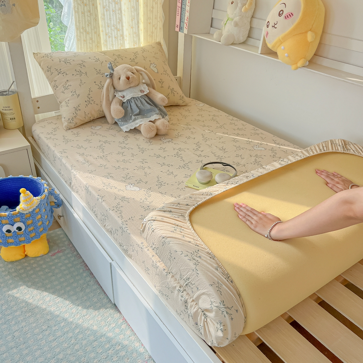 91家纺网 家纺一手货源 找家纺 韩巢家纺 2025新款双层纱学生宿舍寝室床笠单件单床笠上下铺防滑床单床垫套 森田野园