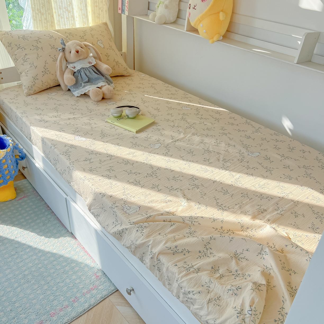 91家纺网 家纺一手货源 找家纺 韩巢家纺 2025新款双层纱学生宿舍寝室床笠单件单床笠上下铺防滑床单床垫套 森田野园