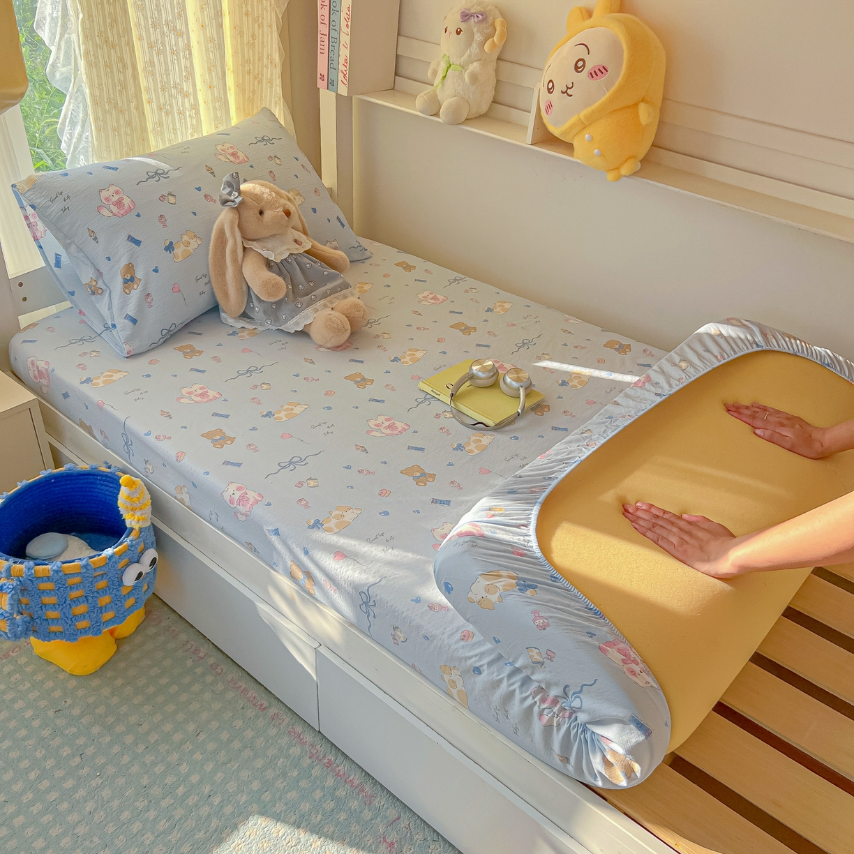 韩巢家纺 2025新款双层纱学生宿舍寝室床笠单件单床笠上下铺防滑床单床垫套 小猫时光篮