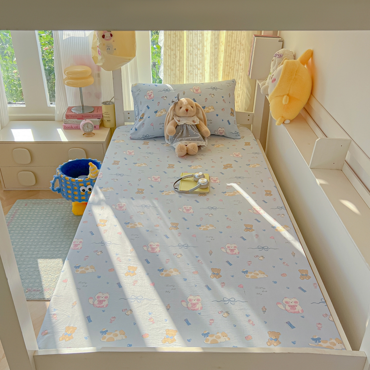 91家纺网 家纺一手货源 找家纺 韩巢家纺 2025新款双层纱学生宿舍寝室床笠单件单床笠上下铺防滑床单床垫套 小猫时光篮