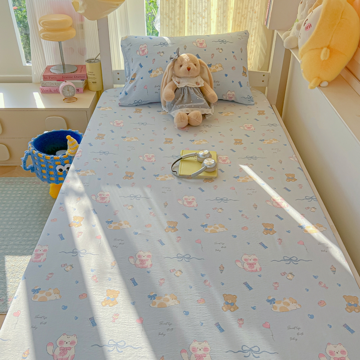 91家纺网 家纺一手货源 找家纺 韩巢家纺 2025新款双层纱学生宿舍寝室床笠单件单床笠上下铺防滑床单床垫套 小猫时光篮