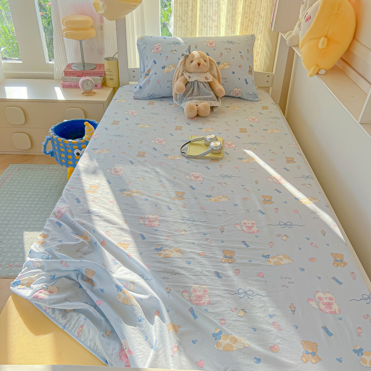 91家纺网 家纺一手货源 找家纺 韩巢家纺 2025新款双层纱学生宿舍寝室床笠单件单床笠上下铺防滑床单床垫套 小猫时光篮