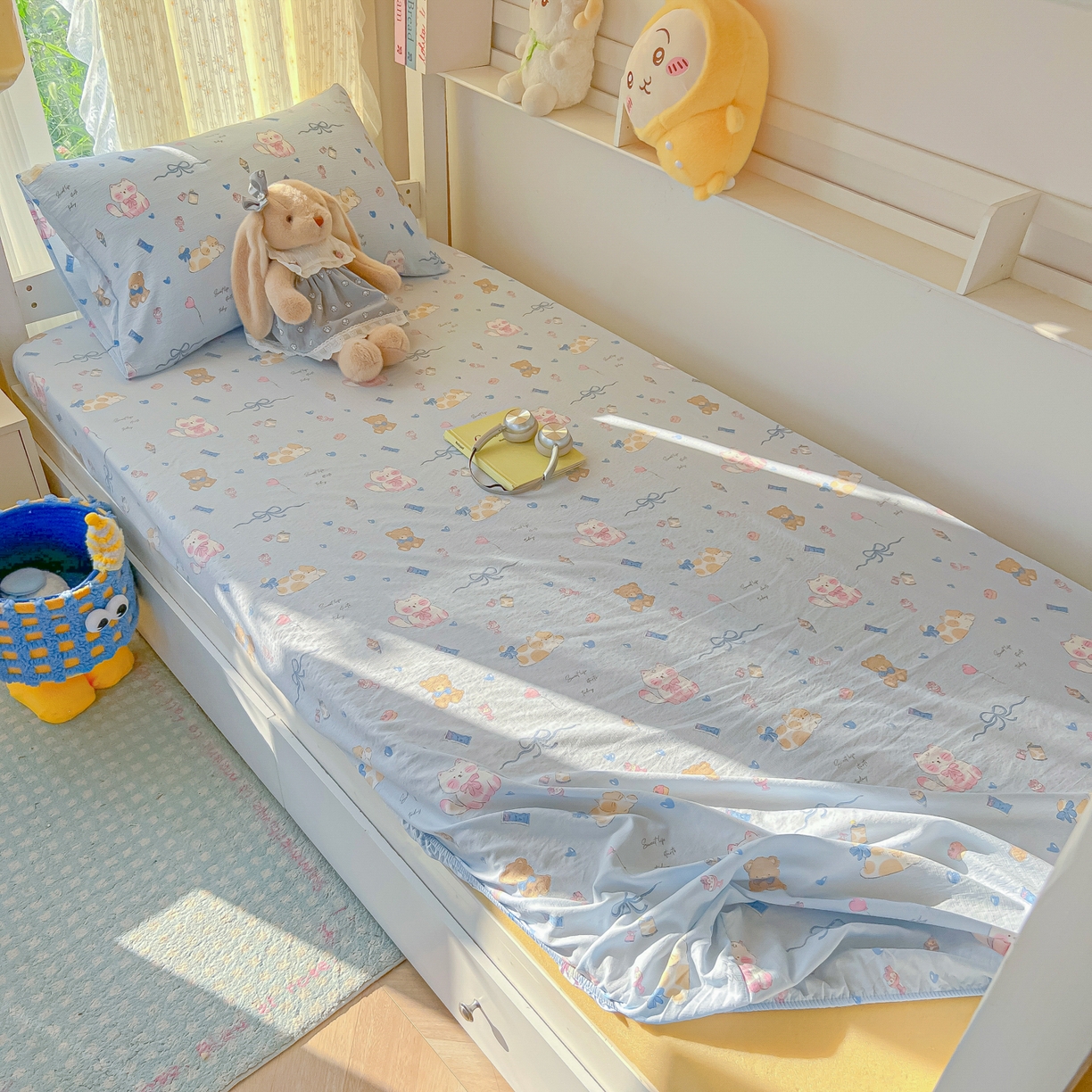 91家纺网 家纺一手货源 找家纺 韩巢家纺 2025新款双层纱学生宿舍寝室床笠单件单床笠上下铺防滑床单床垫套 小猫时光篮