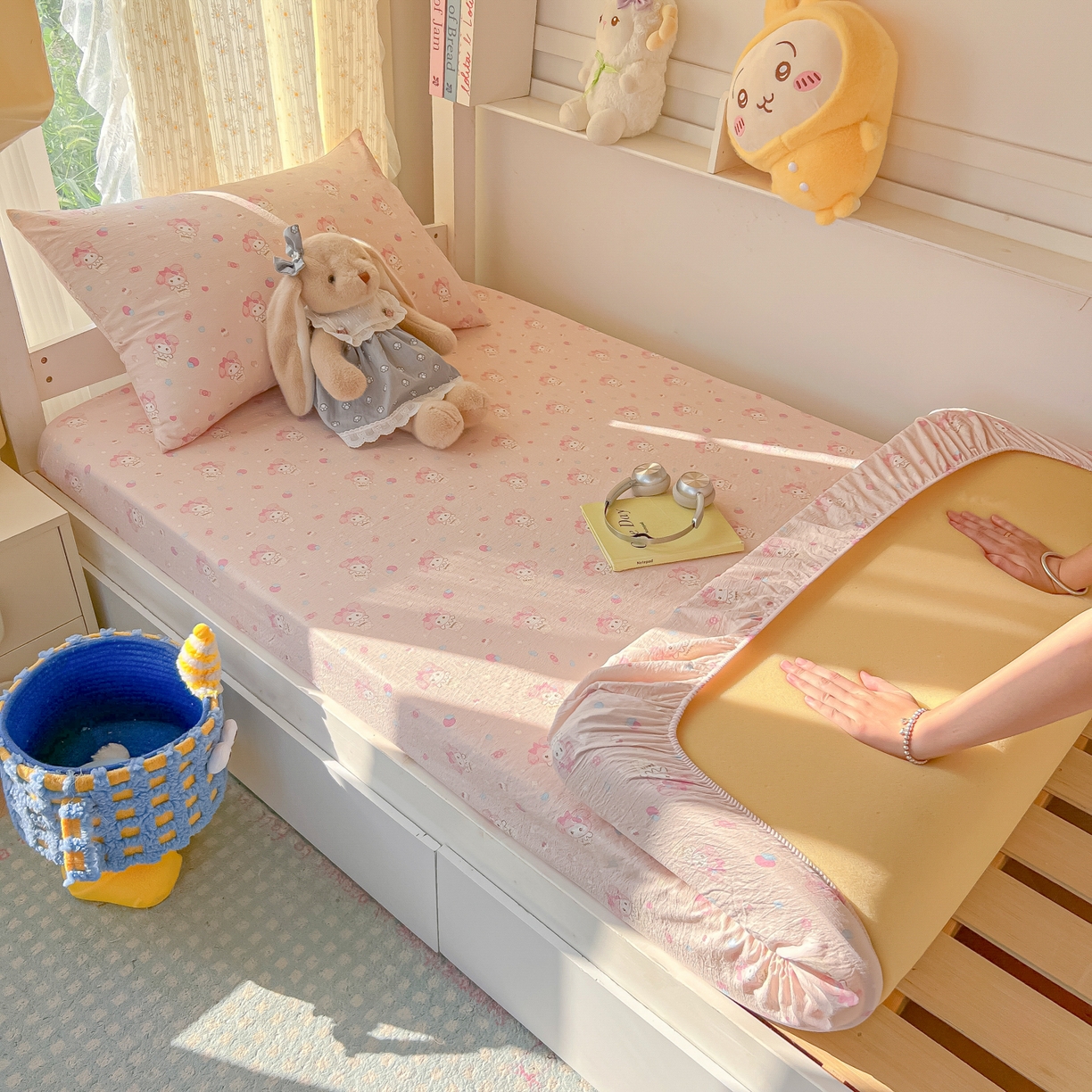 91家纺网 家纺一手货源 找家纺 韩巢家纺 2025新款双层纱学生宿舍寝室床笠单件单床笠上下铺防滑床单床垫套 小美冰激凌